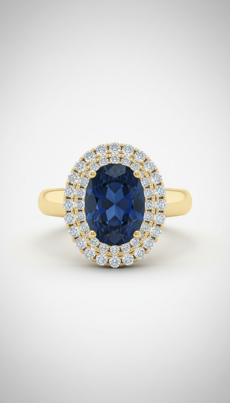 Sapphire and Diamond Halo Gold Ring